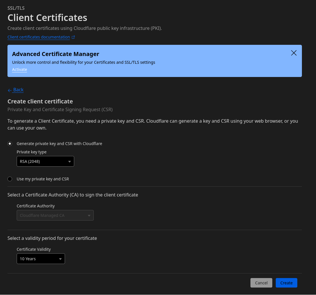Screenshot of the Cloudflare interface to create a Client Certificate