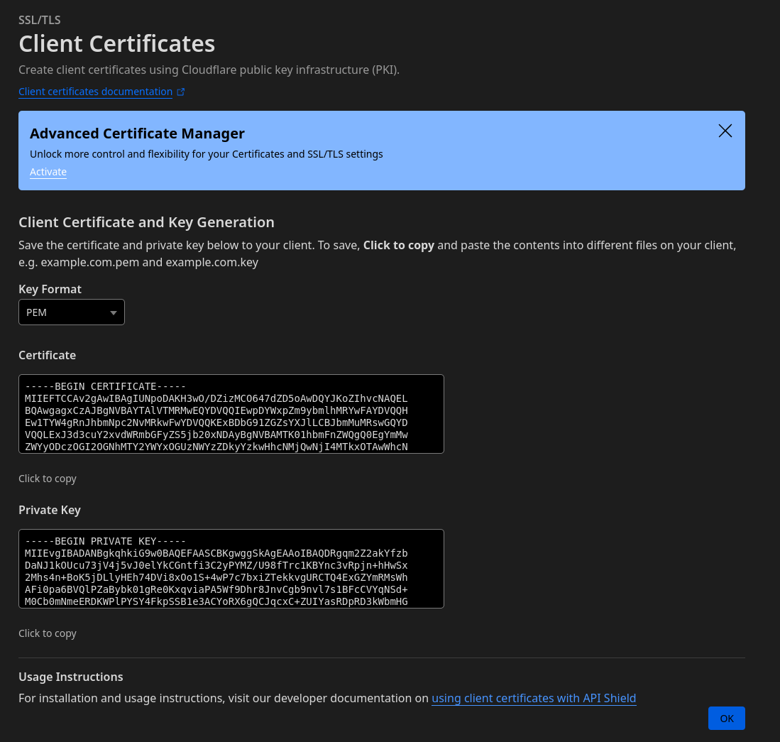 Screenshot of the Cloudflare interface where you can save the newly created client certificate