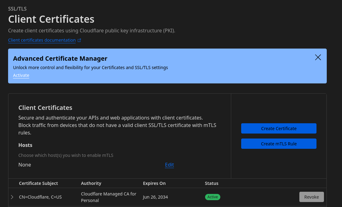 Screenshot of the Cloudflare interface where you can see the newly created client certificate