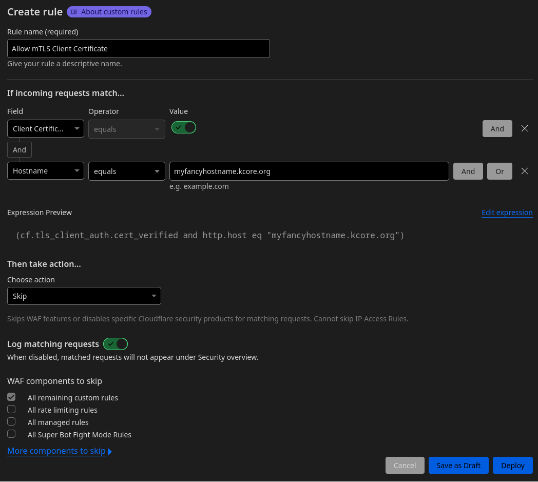 Screenshot of the Cloudflare interface with the skip WAF rule