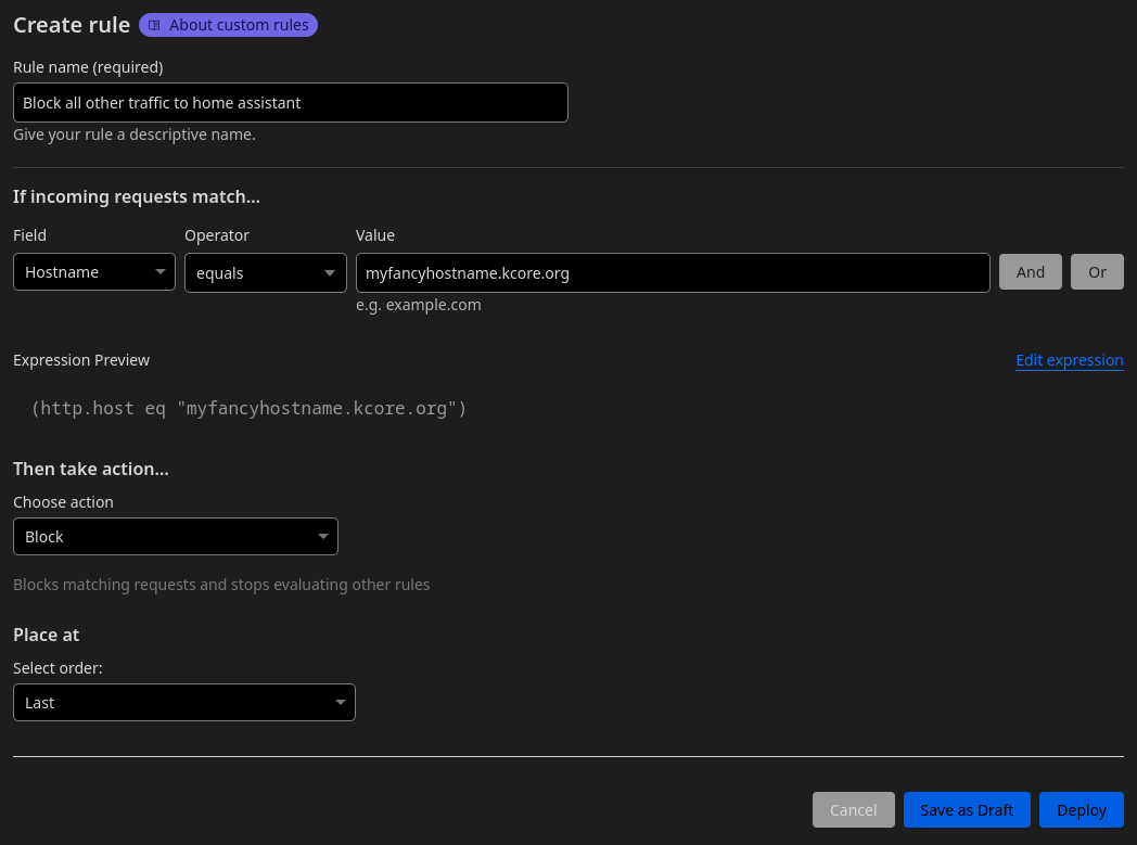 Screenshot of the Cloudflare interface with the block WAF rule