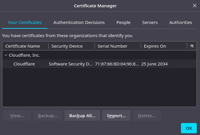 Screenshot of the Mozilla Firefox Certificate manager